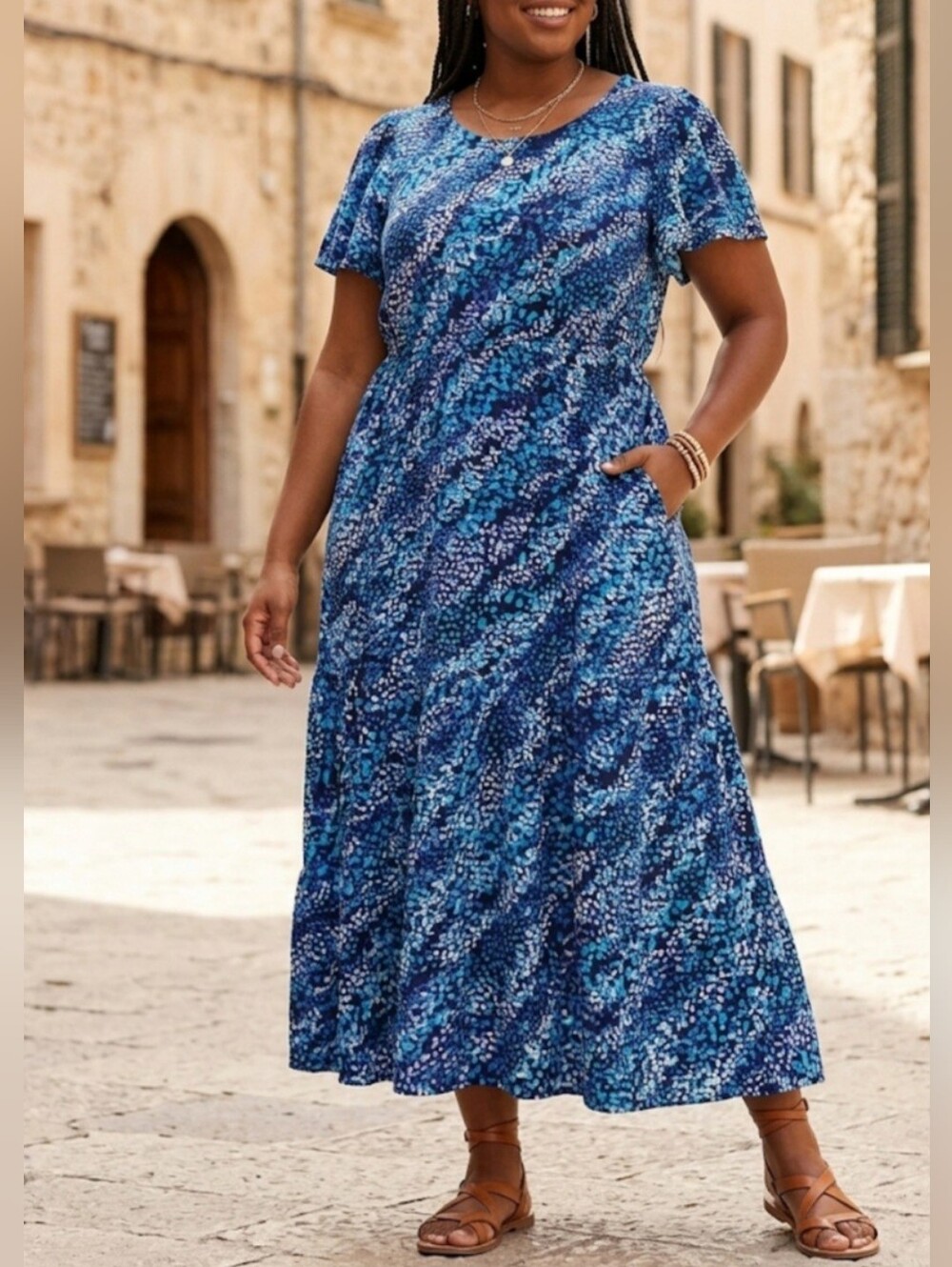 Autograph Womens 100% Viscose Flutter Sleeve Blue Multi Printed Maxi Dress 14